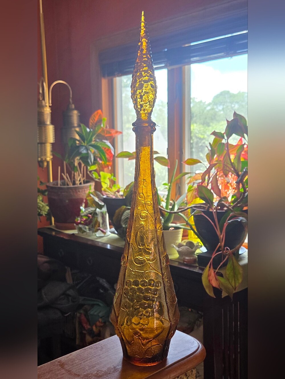 Vintage Empoli Amber Genie Bottle Glass Decanter 1960s with Stopper